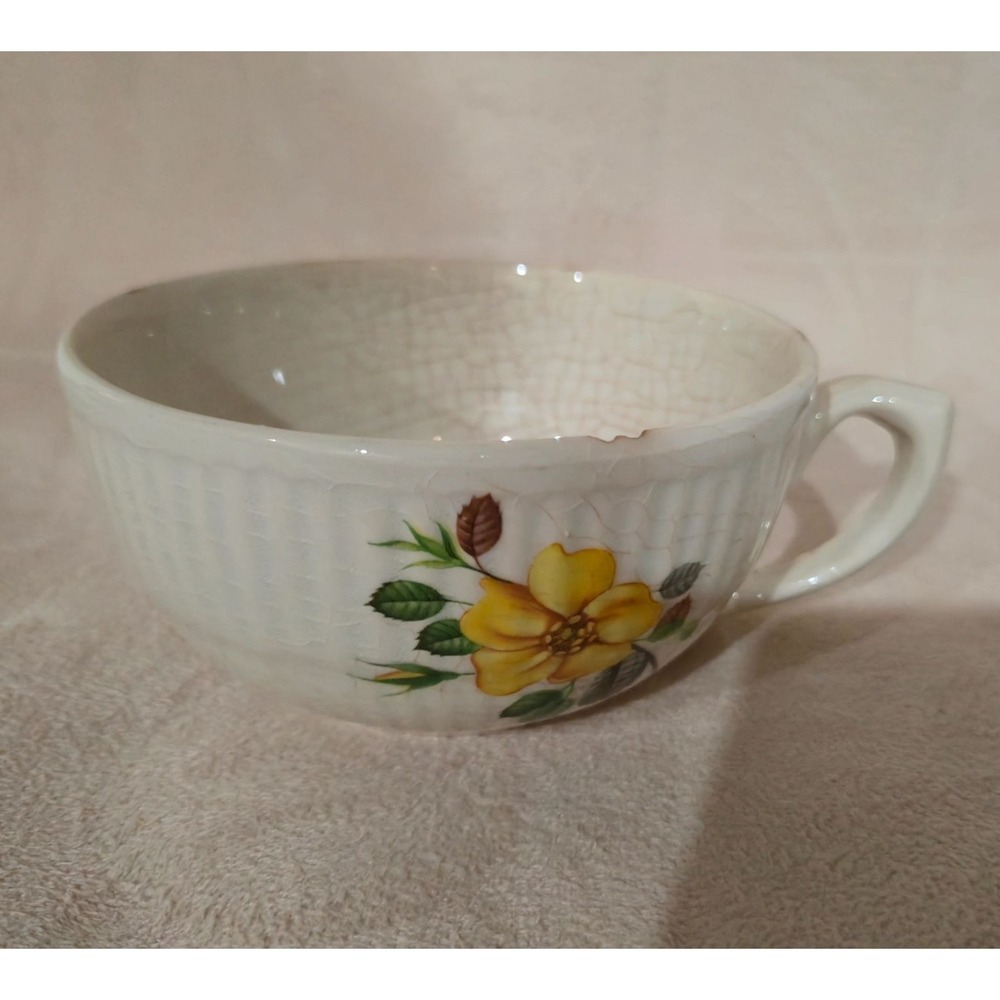 Vintage Floral Ceramic Teacup Yellow Wild Rose Flower Design Crackle Glaze White